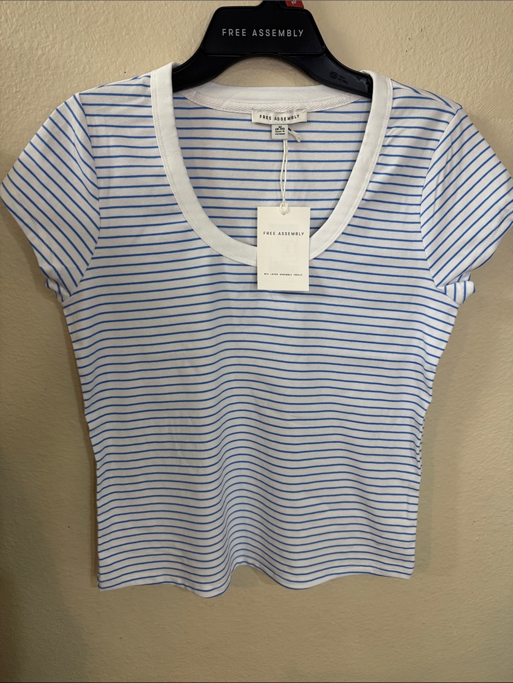 Free Assembly Women's White Tee with Light Blue Stripes